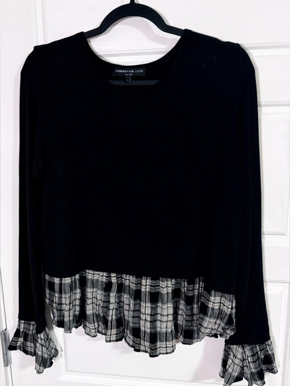 Generation Love cashmere super soft cute Black Long-Sleeve Top Plaid Ruffle Hem